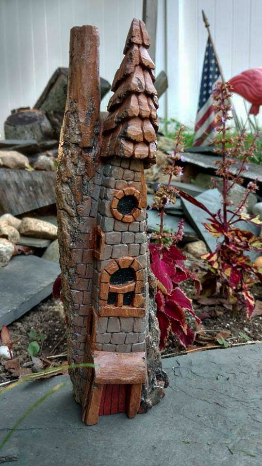 hand carved cottonwood bark castle, gnome home, fairy house